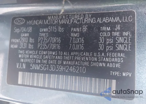 2009 Hyundai Santa Fe Gls из США, поврежденный, VIN 5NMSG13D39H246210